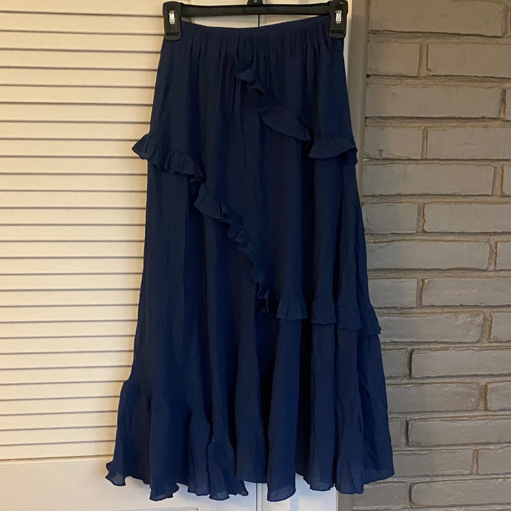 Women's Navy Ruffle Tiered Maxi Skirt - Classic Flow - Picture 4 of 6